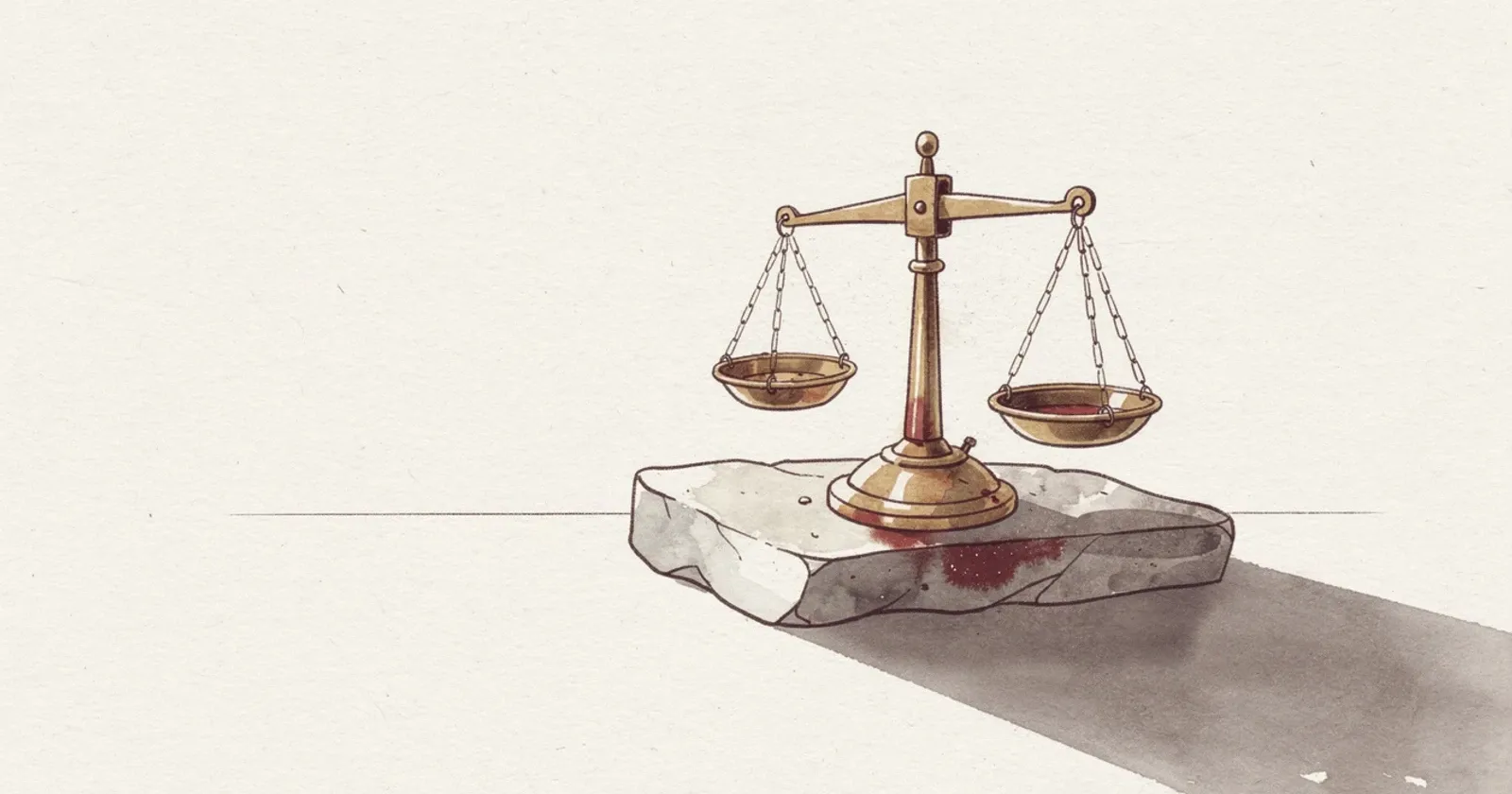 A worn brass balance scale, one pan weighted lower than the other, resting on smooth stone in soft directional warm light. Long shadow trailing to the right, deep oxblood accent tones, painterly editorial illustration.
