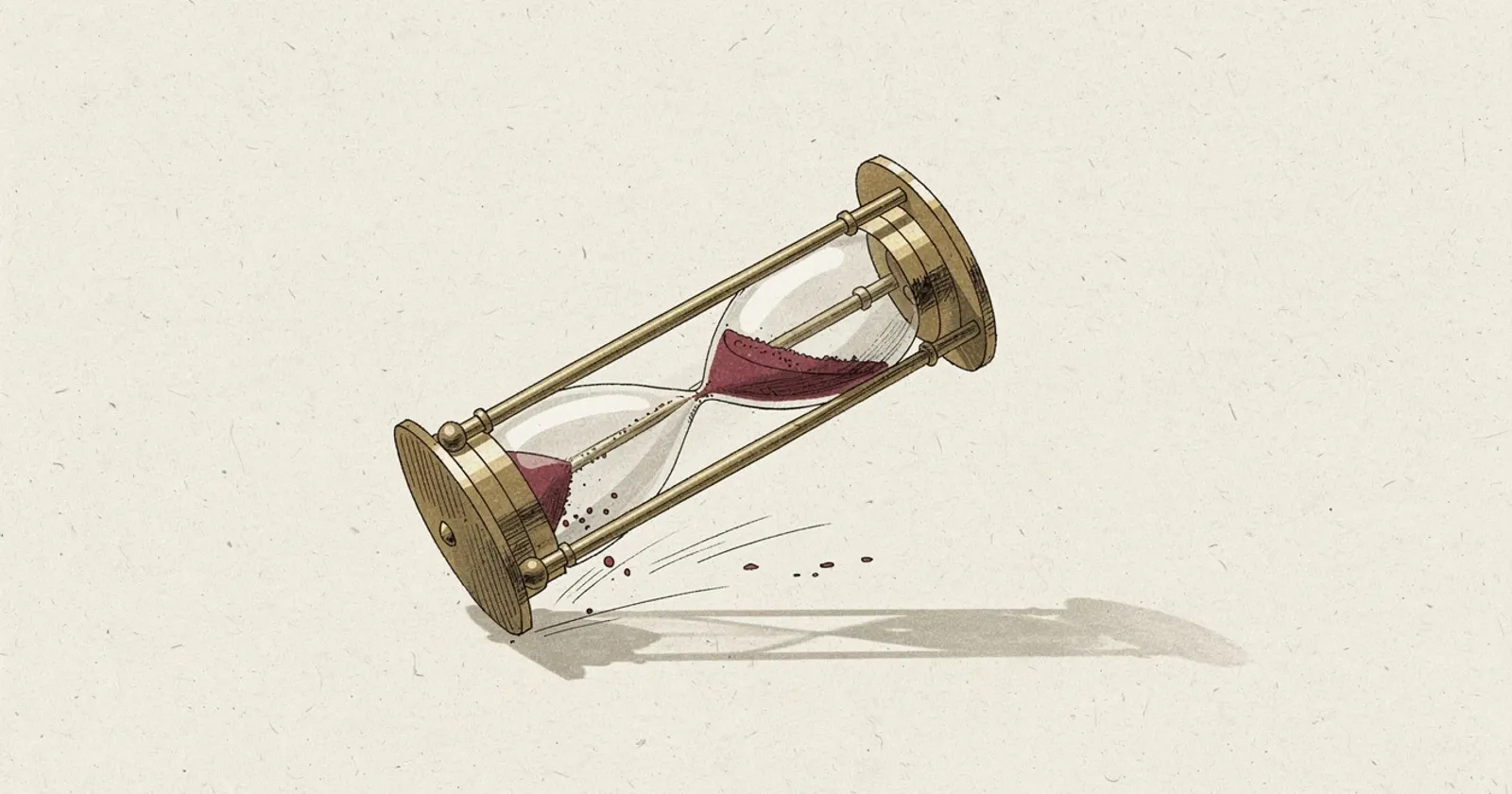 A single brass hourglass on a plain oxblood-toned desk, sand mid-fall, soft directional light from upper left, painterly editorial illustration