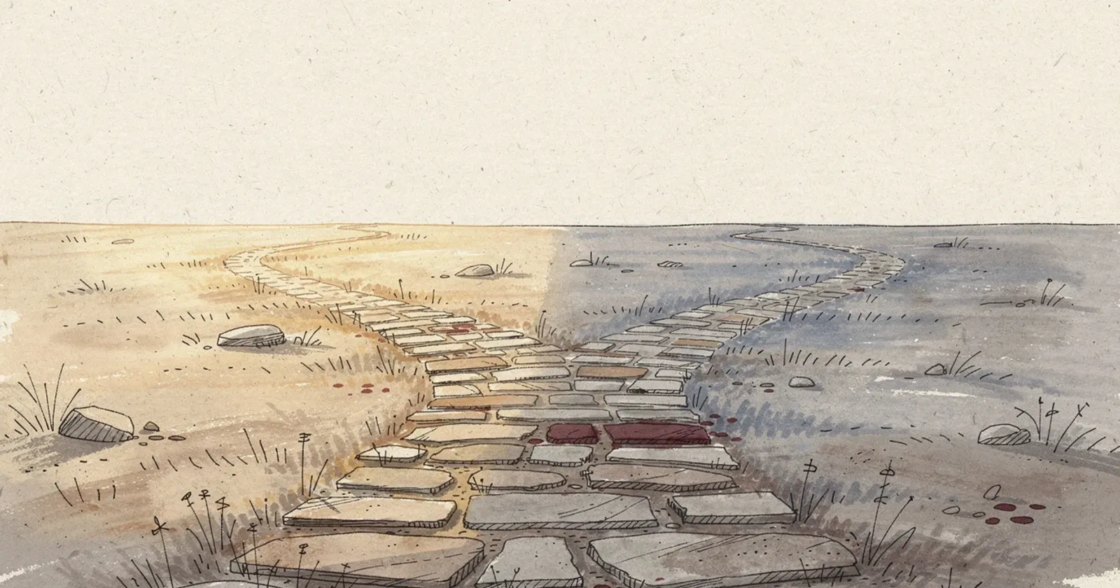 A single stone footpath forking into two diverging routes across open sparse terrain, one route bathed in warm golden morning light and one in cool blue shadow, low ground cover, painterly editorial illustration with oxblood accent tones