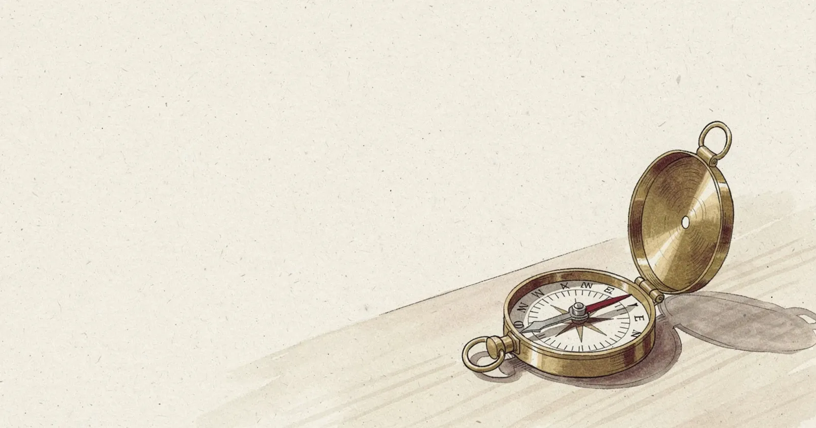 A brass compass resting open on a plain wooden surface, soft directional light casting a long shadow, painterly editorial illustration
