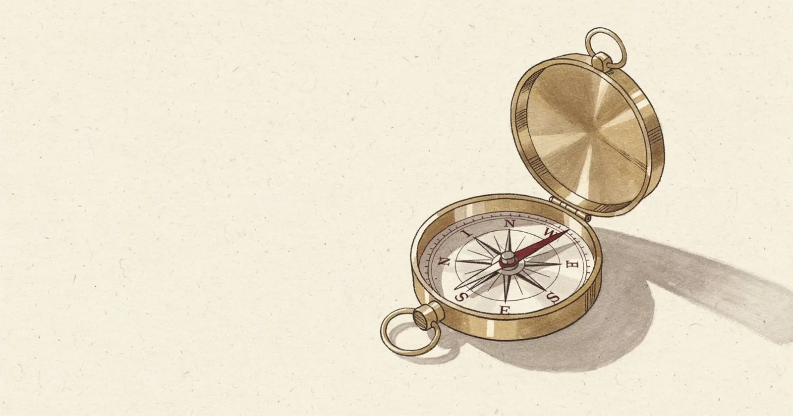 A single brass compass resting open on a plain cream surface, its needle mid-swing, soft directional light from the upper left casting a long shadow