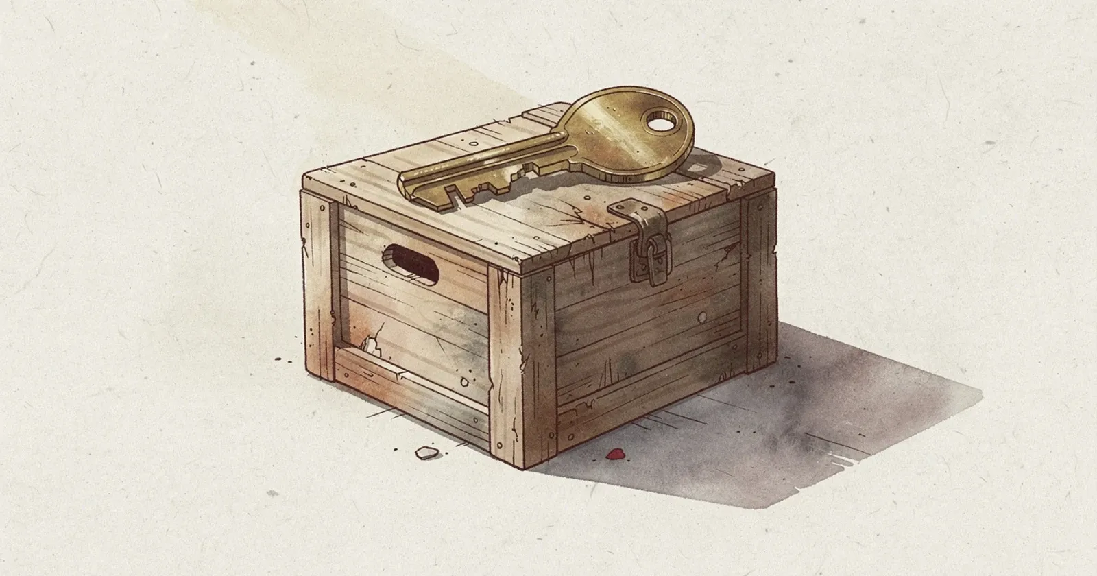 A single brass key resting on a weathered wooden crate, soft directional light from upper left casting a long shadow across the grain, deep oxblood and cream tones, painterly editorial illustration