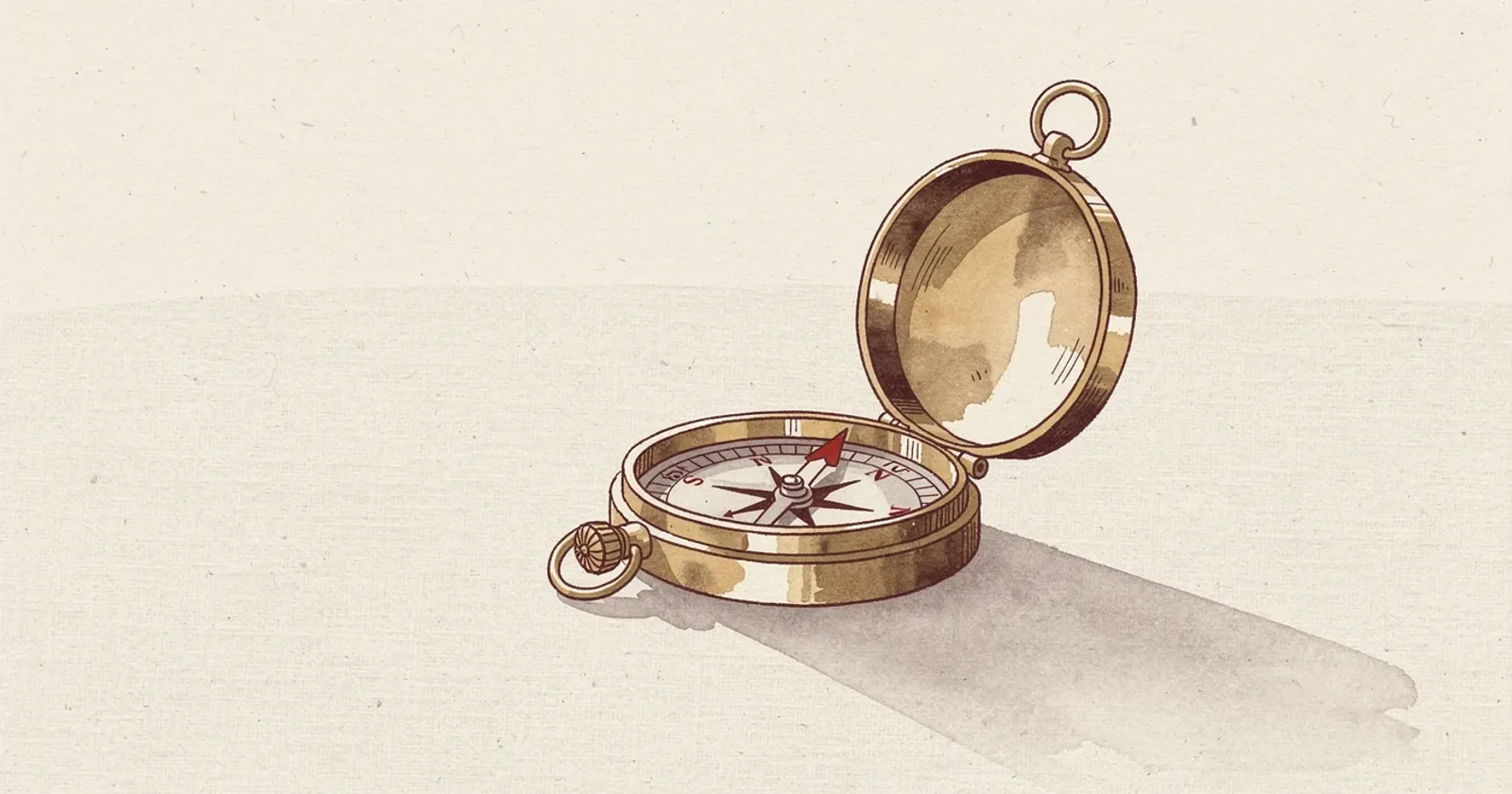 An antique brass compass resting on a worn linen surface, soft directional light from upper left casting a long shadow, painterly editorial illustration in warm ochre and earth tones