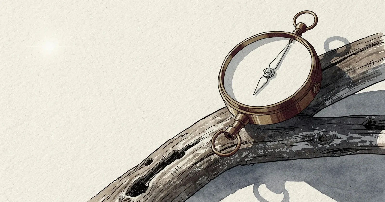 A single brass compass resting on weathered driftwood beneath soft directional morning light, long shadow trailing across coarse-grained timber, deep oxblood and cream accent tones, painterly editorial illustration