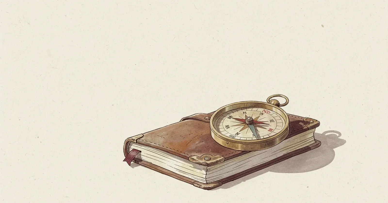 An antique brass compass resting on a worn leather journal, needle pointing steadily north, soft directional light from upper left casting a long shadow across a pale paper surface, deep earth tones and muted oxblood accents, painterly editorial illustration