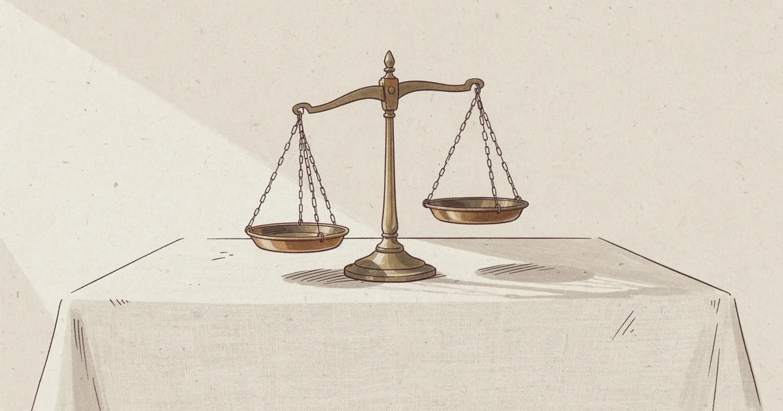 An antique brass balance scale with one empty pan resting lower, set on a pale linen surface, soft directional light from upper left casting a long shadow, deep earth tones and oxblood accents, painterly editorial illustration