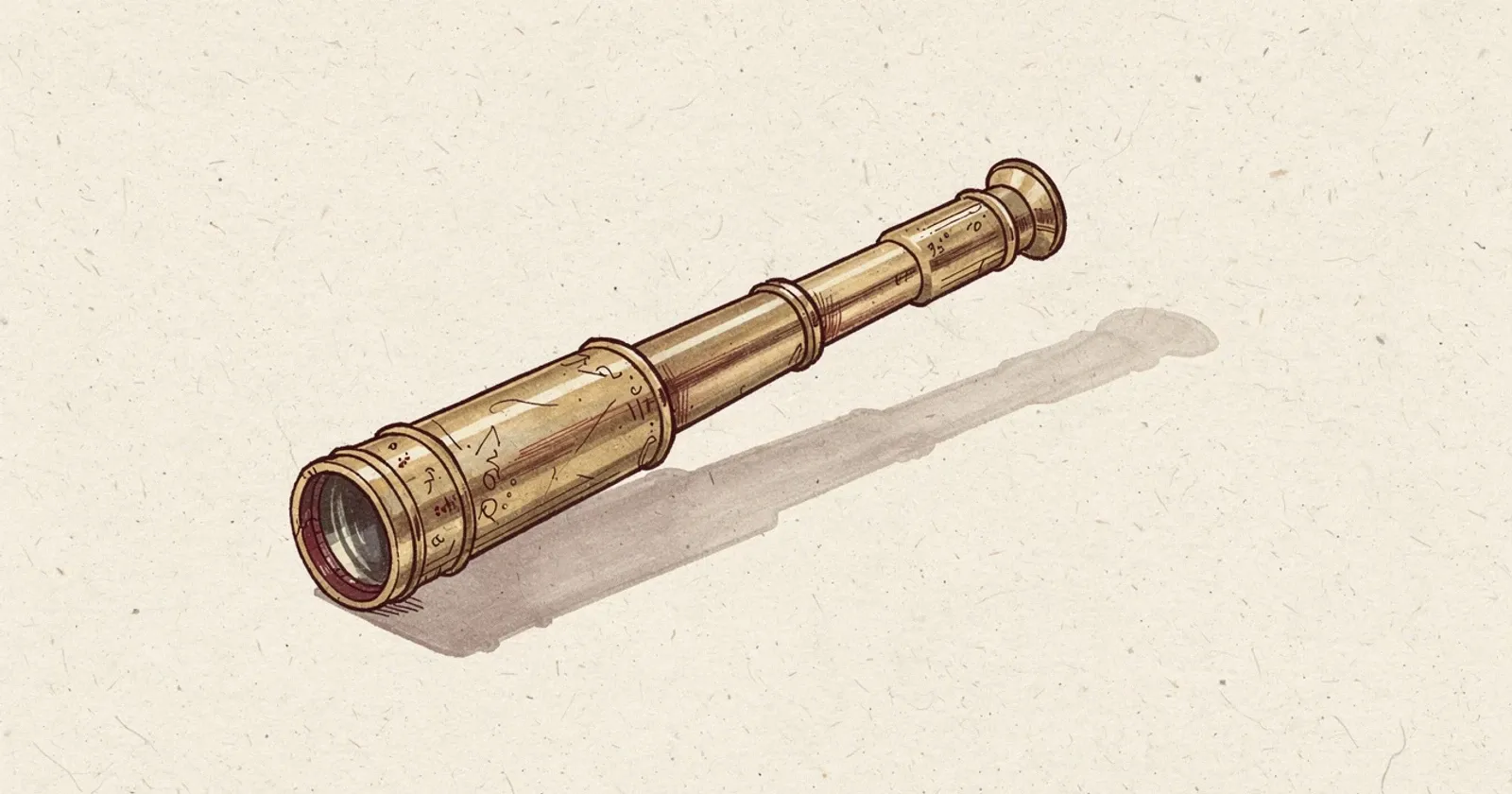 A single brass spyglass resting open on a plain cream paper surface, soft directional light from upper left, long shadow, painterly editorial illustration