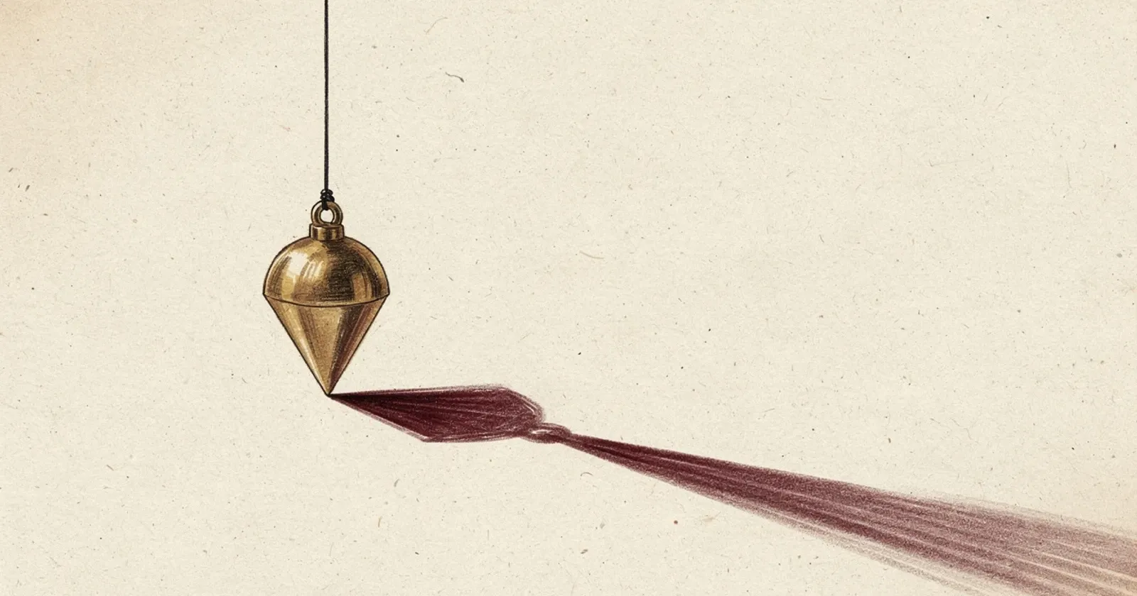 A single brass plumb bob hanging motionless from a black cord against a soft cream paper background, warm directional light from upper left casting a long shadow to the lower right, deep oxblood accent tones, painterly editorial illustration