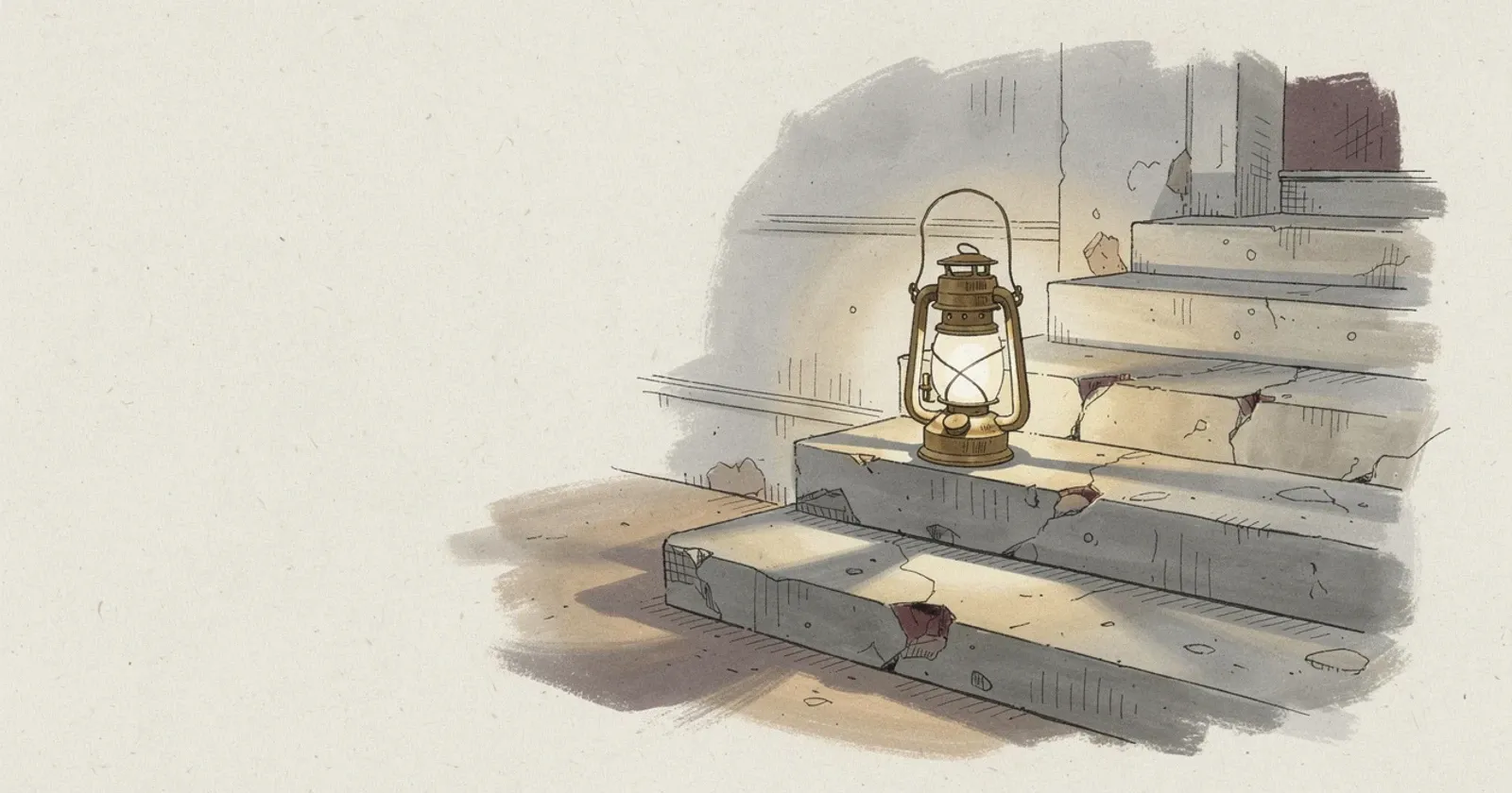 A single brass lantern resting on weathered stone steps at dusk, warm glow pooling against a cool grey background, painterly editorial illustration