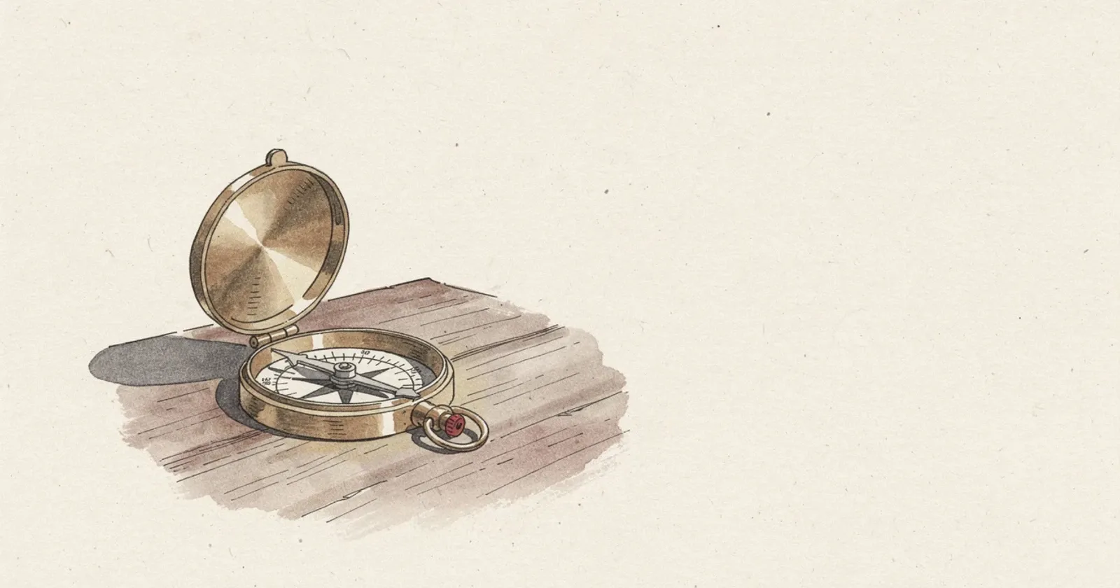 A brass compass resting open on a weathered wooden surface, soft directional light from upper left casting a long shadow, deep earth tones and oxblood accents, painterly editorial illustration