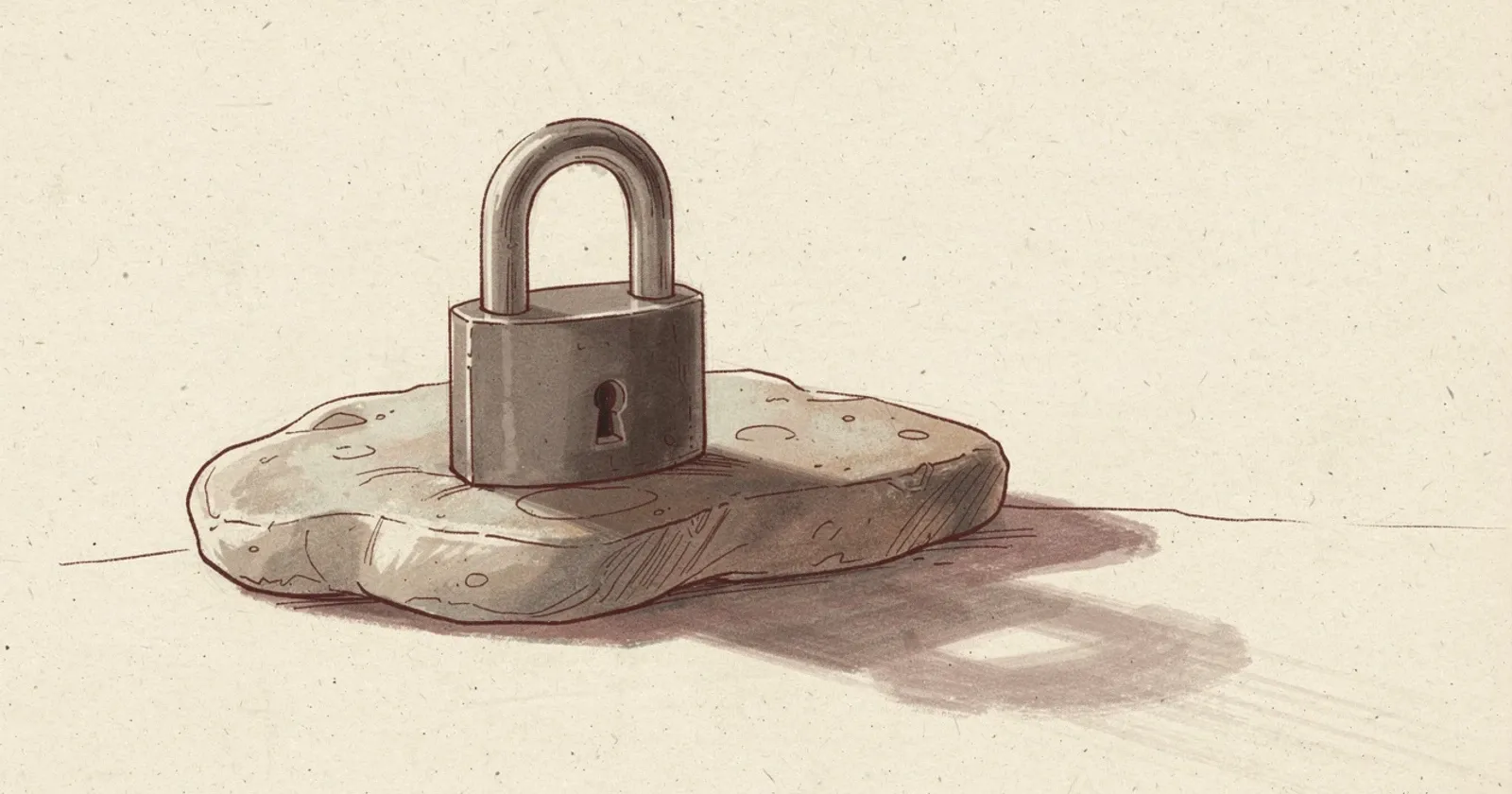 A single heavy iron padlock, closed with no key visible, resting on smooth worn stone, soft directional warm light from the upper left casting a long dramatic shadow to the right, painterly editorial illustration with deep oxblood accent tones