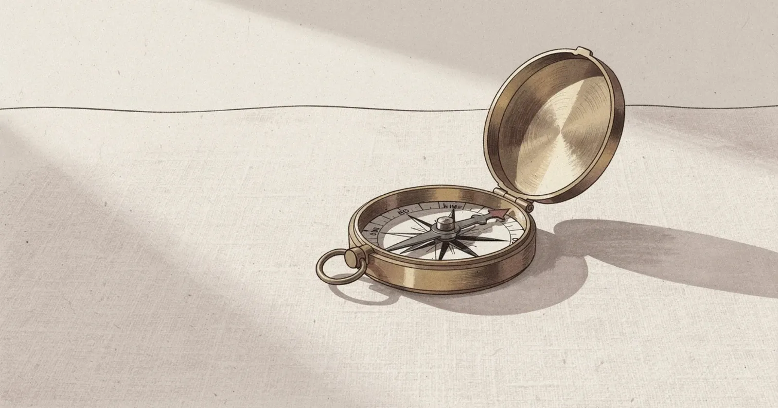 A single brass compass resting open on a pale linen surface, the needle pointing toward an unseen direction, soft directional light from upper left casting a long shadow, deep oxblood and warm earth tones, painterly editorial illustration