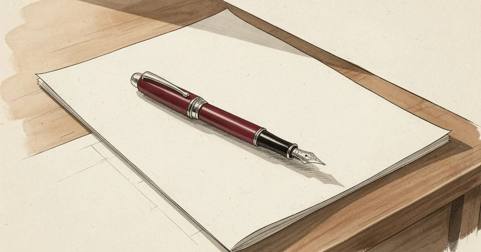 An ornate red fountain pen resting on a blank cream paper page, soft directional light, painterly editorial illustration