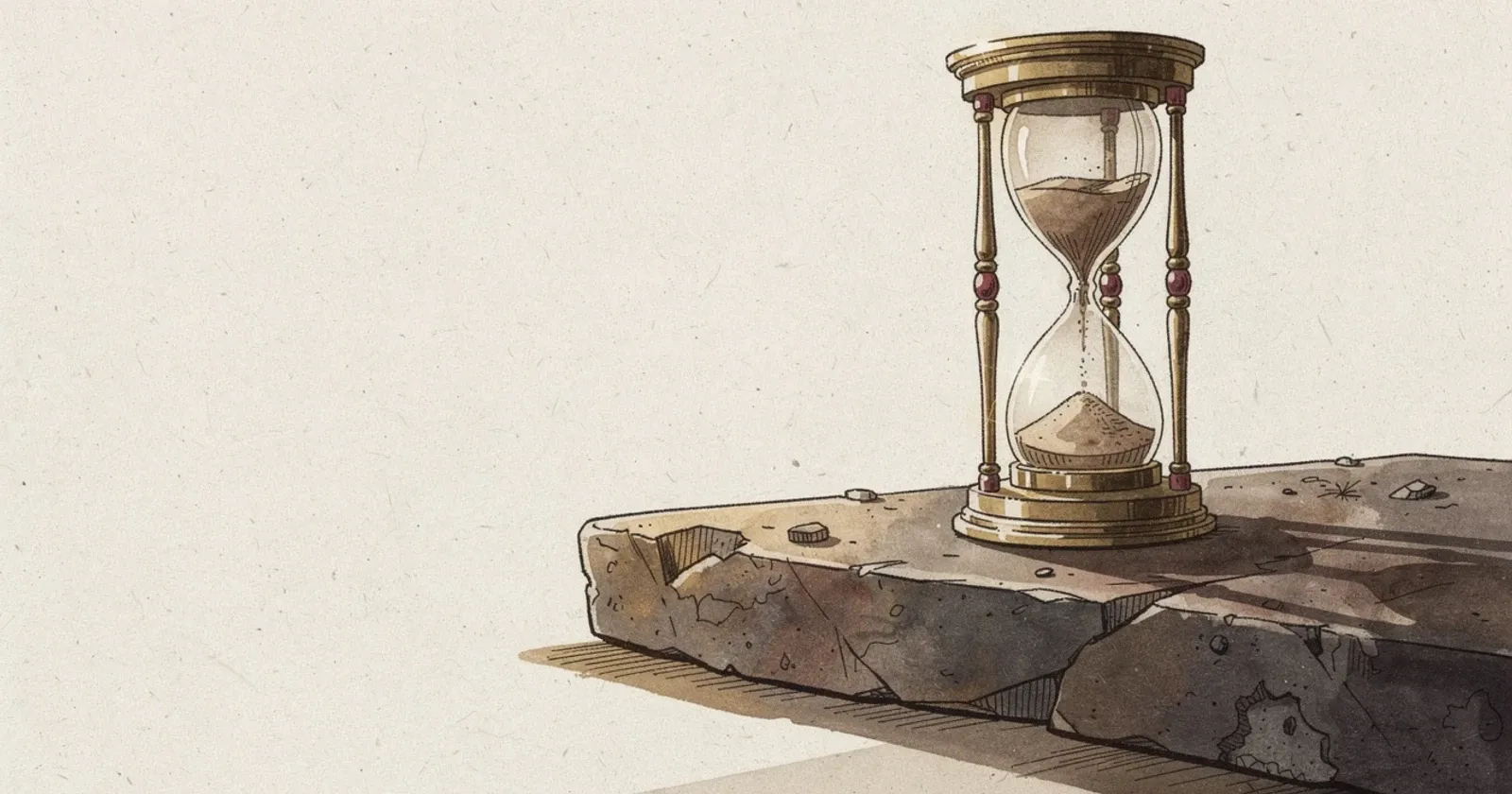 A brass hourglass resting on cracked ancient stone, sand flowing into the lower chamber, warm cream paper background with oxblood accent tones, soft directional light, painterly editorial illustration
