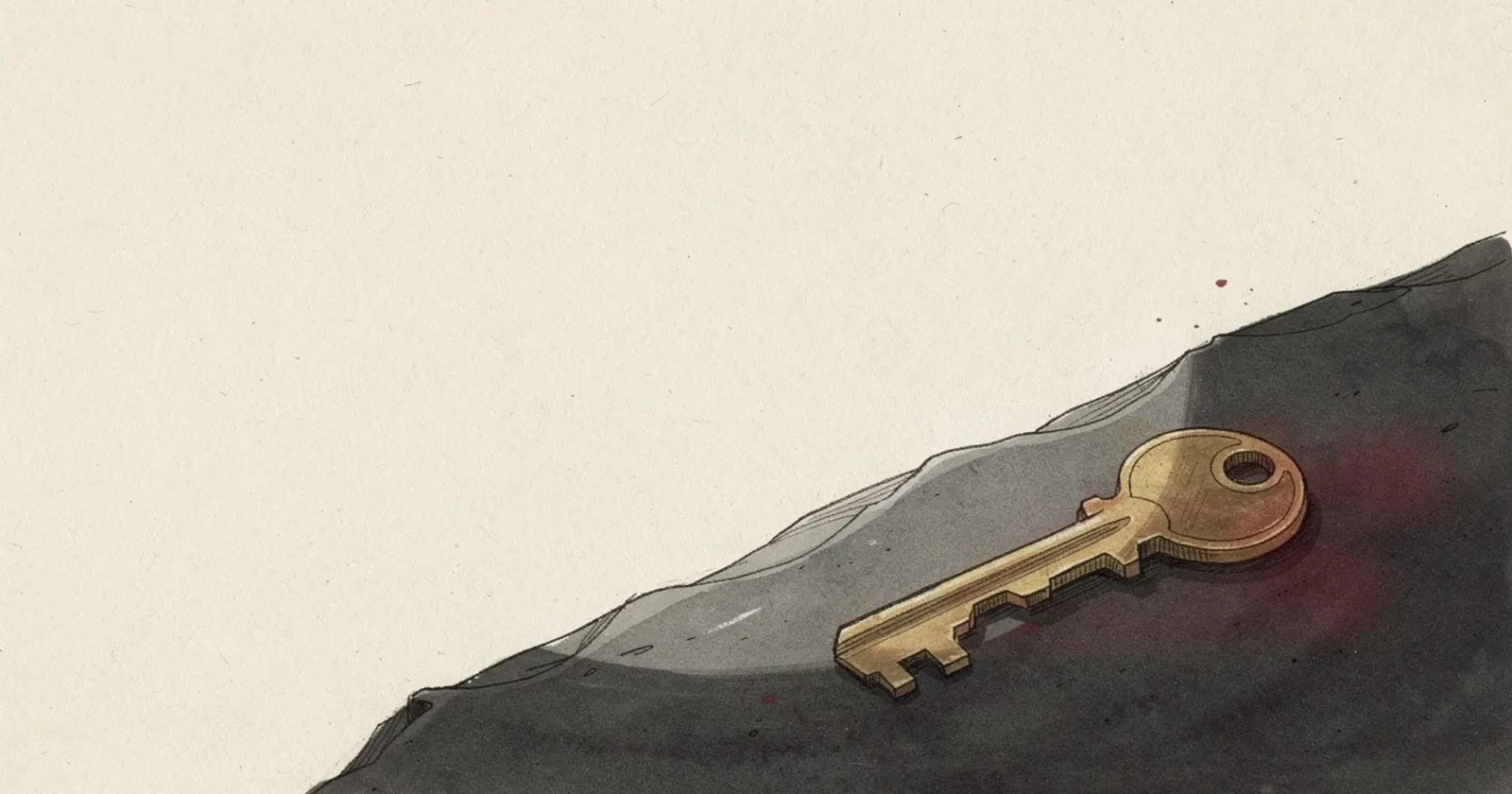 A single brass skeleton key resting alone on a dark slate surface, soft directional light from upper left casting a long shadow to the right, deep oxblood and charcoal tones, painterly editorial illustration