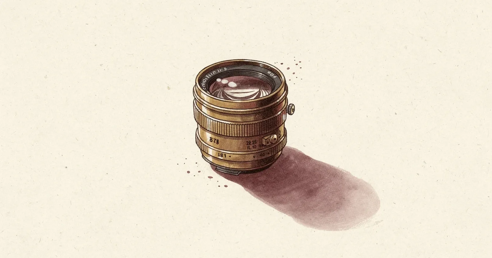 A single vintage brass camera lens standing upright on a plain cream paper surface, soft directional light from upper left catching the glass, long shadow, painterly editorial illustration