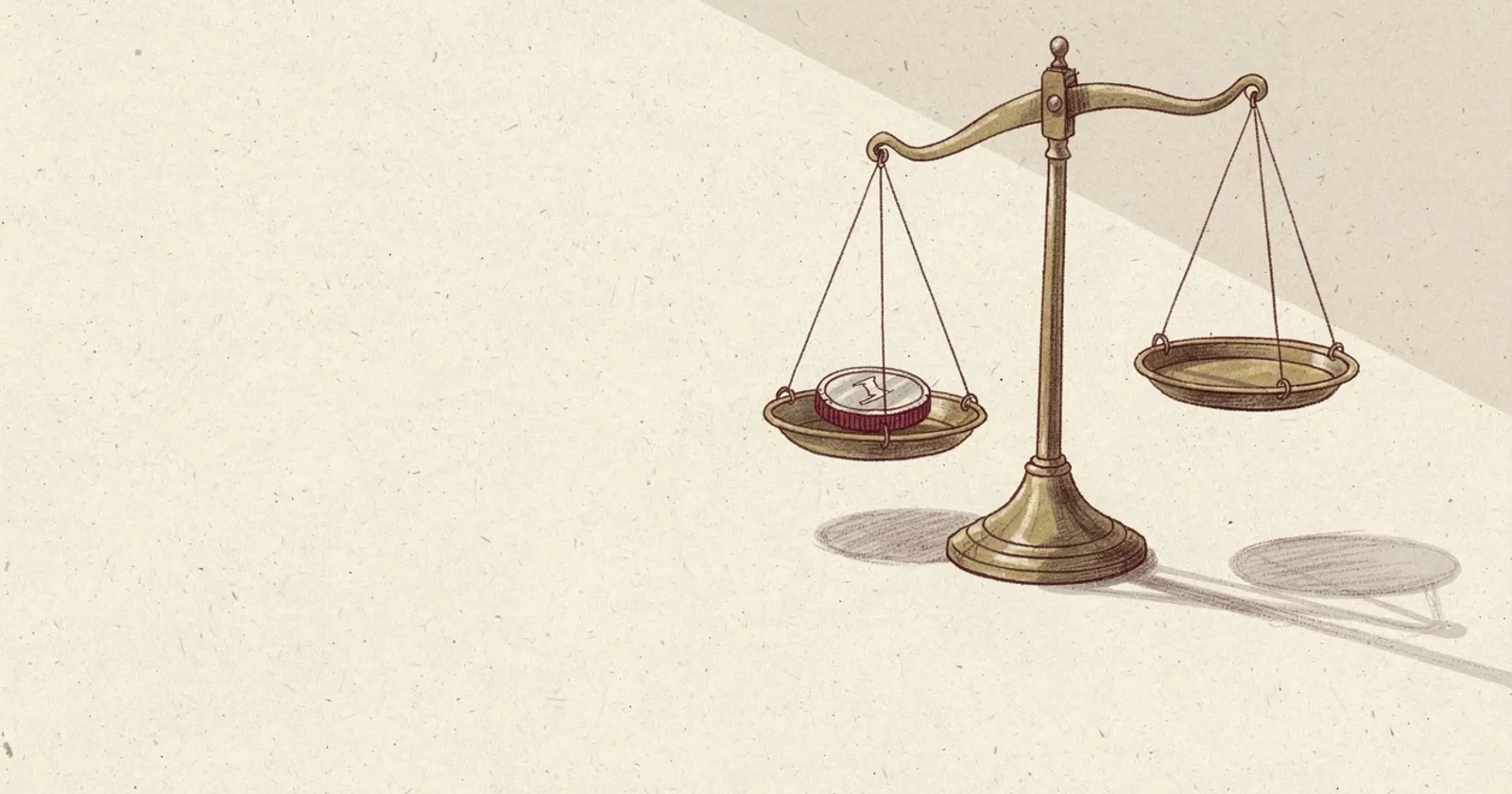 A brass balance scale on a cream paper surface, a single coin resting motionless in one pan while the other pan sits empty, soft directional light from upper left casting a long shadow, painterly editorial illustration