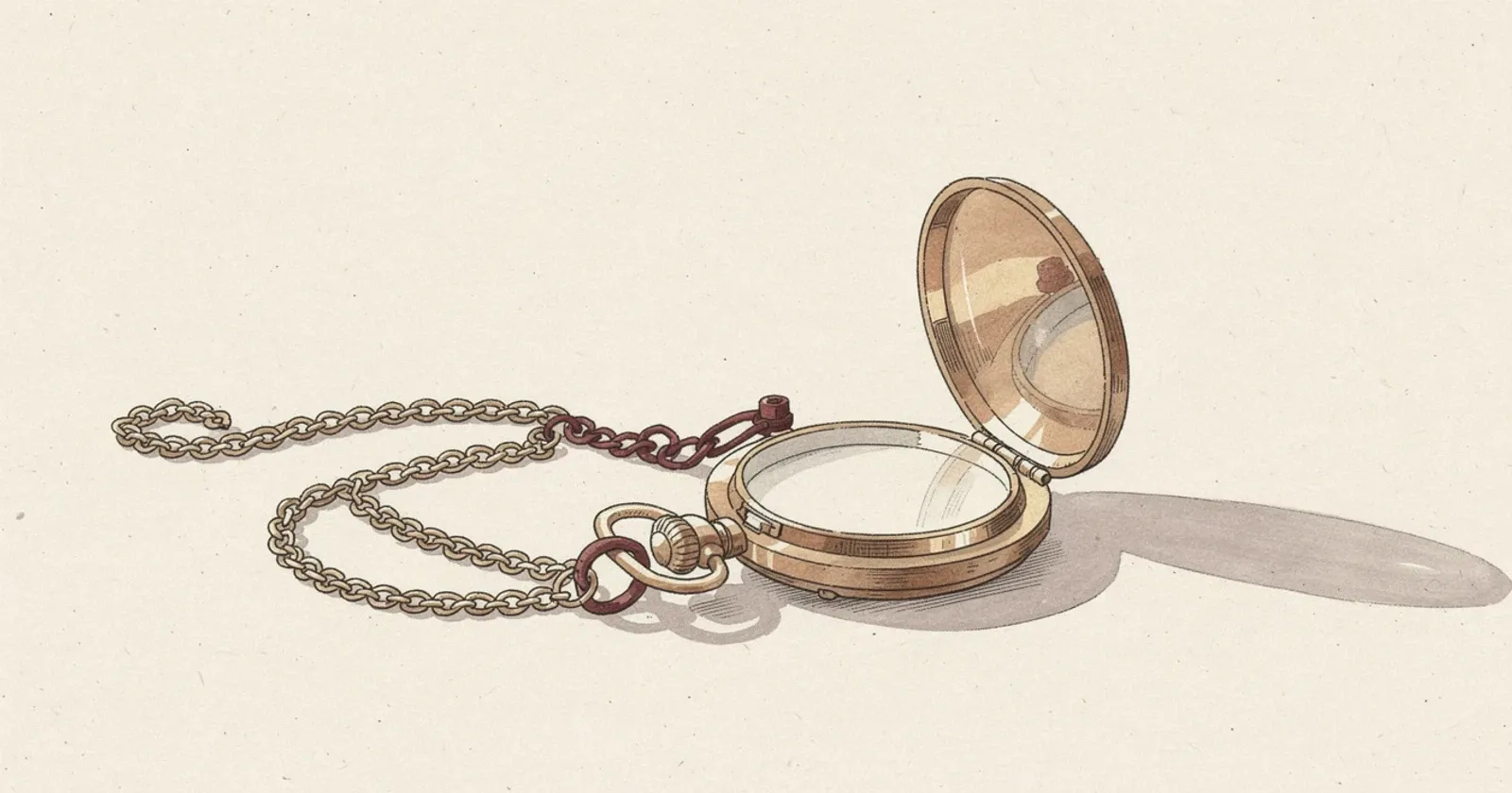 A single open brass pocket watch resting face-up on a plain cream surface, chain coiled loosely beside it, soft directional light from upper left, long shadow, painterly editorial illustration