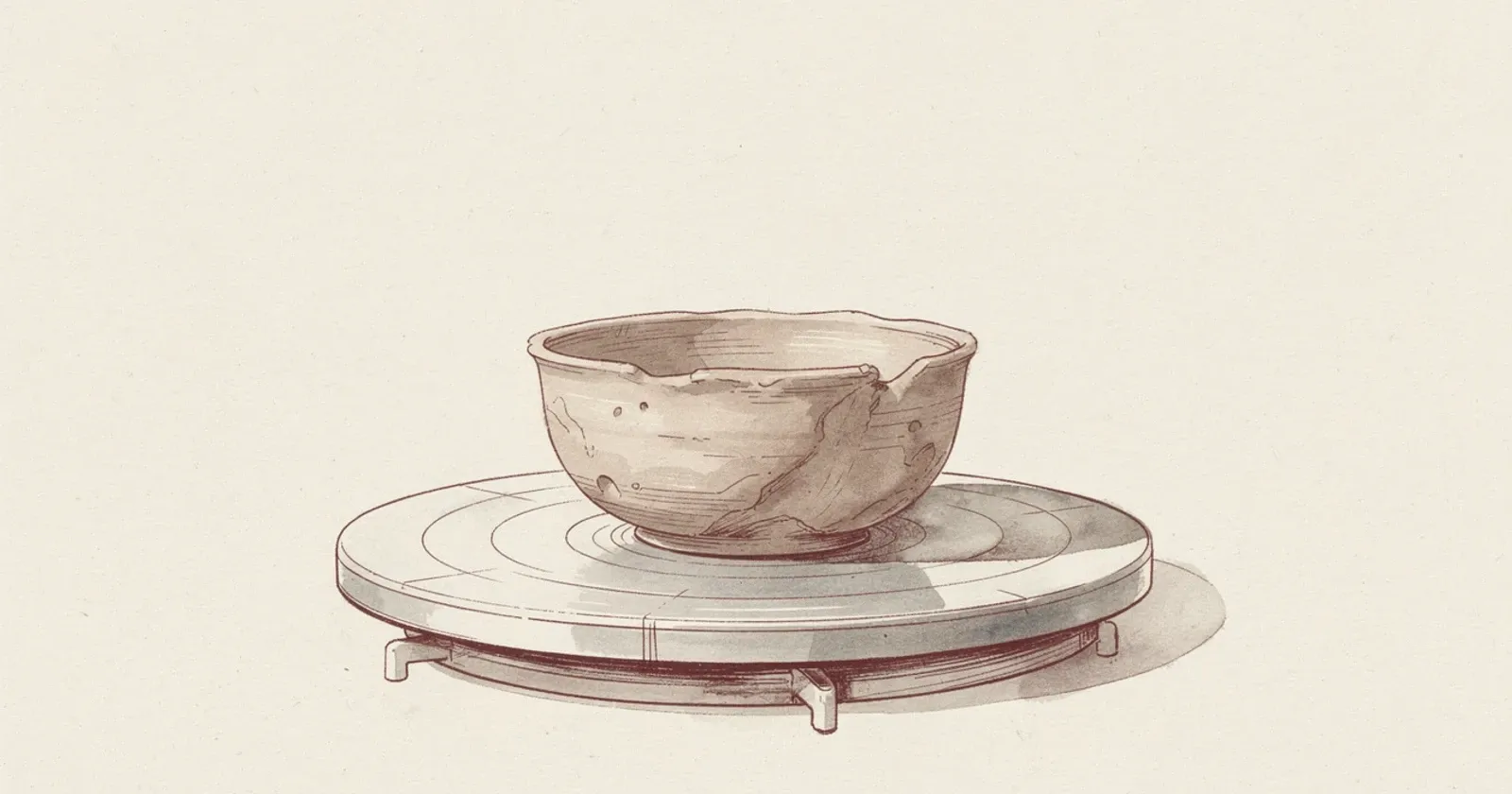 A single unglazed clay bowl, rough and slightly asymmetric, resting on a stilled potter's wheel against a plain cream surface, soft directional light from the upper left casting a long shadow, painterly editorial illustration