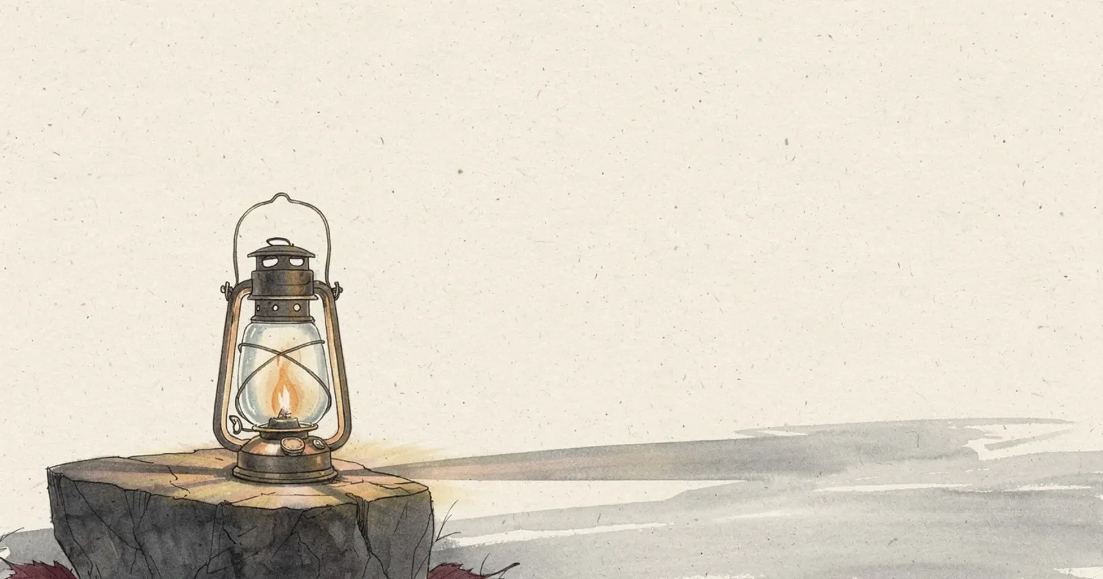 A single vintage glass lantern resting on rough dark stone, warm amber flame glowing against cool grey surroundings, soft directional light from above, long shadow trailing to the right, painterly editorial illustration with deep oxblood accent tones