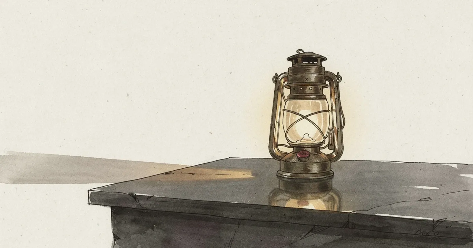 An antique brass lantern resting on dark stone, warm golden light glowing from within, long directional shadow, deep earth tones and muted warmth