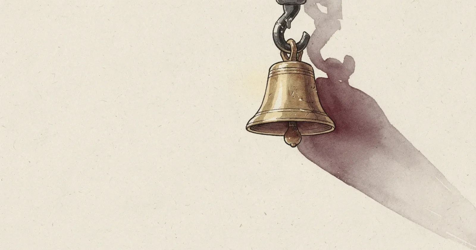A single weathered brass ship's bell suspended from a heavy iron hook against a soft cream paper background, warm directional light from upper left, long shadow trailing to the lower right, deep oxblood accent tones, painterly editorial illustration